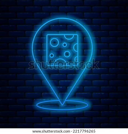 Glowing neon line Cheese icon isolated on brick wall background.  Vector