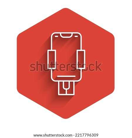 White line Mobile phone holder icon isolated with long shadow. Red hexagon button. Vector