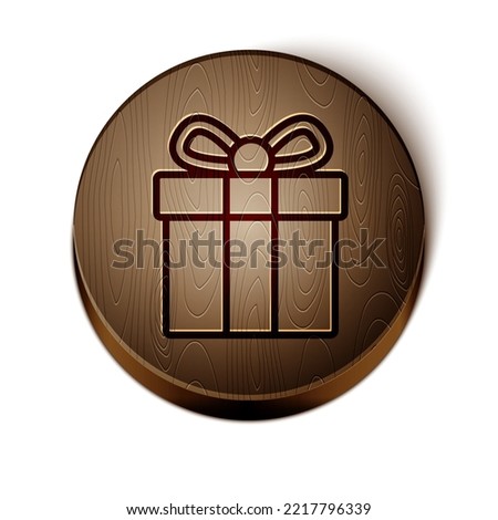 Brown line Gift box icon isolated on white background. Wooden circle button. Vector