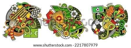 Football cartoon vector doodle designs set. Colorful detailed compositions with lot of soccer objects and symbols. Isolated on white illustrations