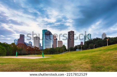Houston, Texas, USA park and downtown skyline.