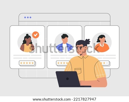 Recruitment agency, hiring employees. Hr manager with laptop selects the best candidate for job online. CV, resume analysis. Hand drawn vector illustration isolated on background, flat cartoon style. Royalty-Free Stock Photo #2217827947