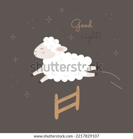 Cute vector sheep jumping over a fence against insomnia. Counting lamb to fall asleep children illustration. Flat animal design with lettering good night for kids postcards, posters, fabric textile