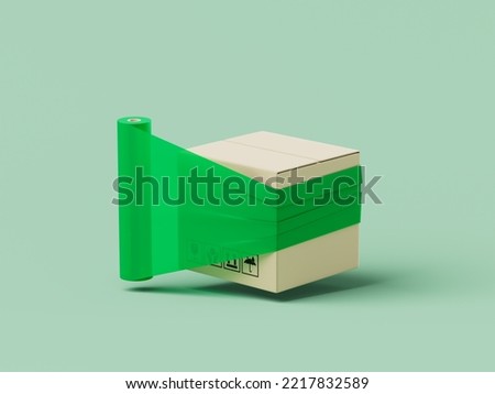 Simple cartoon delivery box packing with green adhesive tape 3d render illustration.