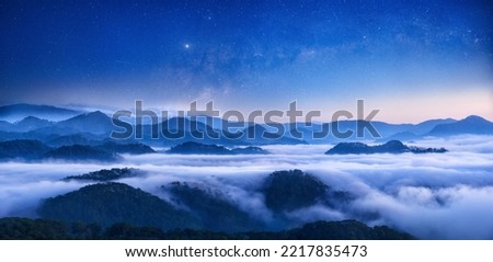 Beautiful panoramic view starry sky above of mountain range in Lam Dong province, Vietnam