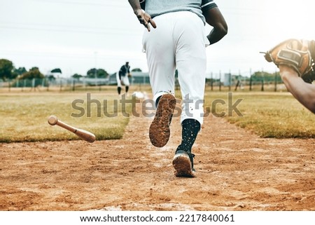 Baseball, sports game and man running in match competition for victory win, exercise or fitness training back view. Athlete motivation, pitch and fast runner doing energy workout on softball field