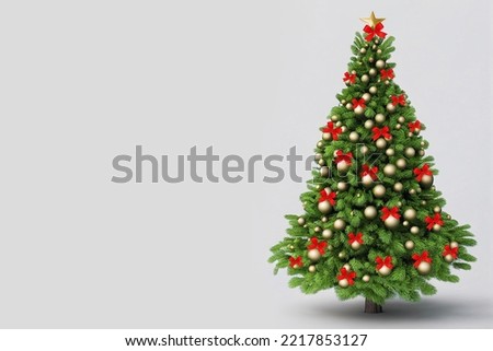 Christmas tree decorated with golden baubles and red ribbon bow