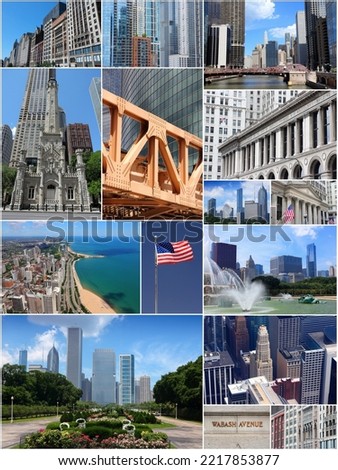 Chicago city image collage. Landmark collage travel postcard from Chicago, Illinois.