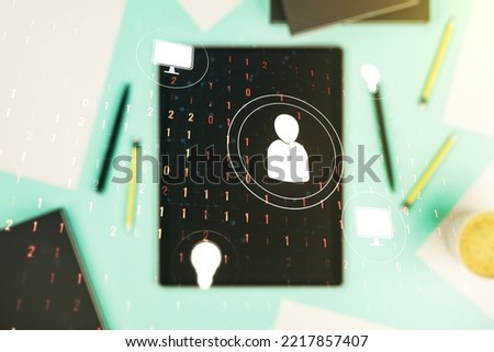 Social network media concept and modern digital tablet on desktop on background, top view. Double exposure