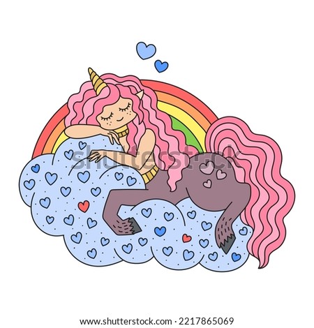 Cute little unicorn girl sleeping on the clouds with rainbow. Magical centaur with punk hair. Colorful sweet cartoon vector illustration for kids. Isolated on white