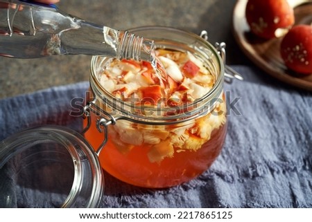 Preparation of homemade tincture from red fly agaric or amanita - alternative remedy for the joints Royalty-Free Stock Photo #2217865125