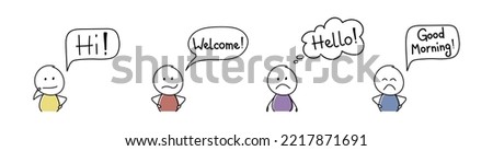 Unhappy cartoon people with greeting - welcome, hello, hi, good morning. Vector