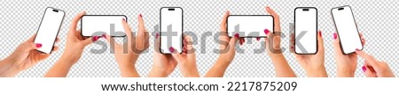 Mobile phones mockup. Set of different phone angles in hand, transparent background pattern.