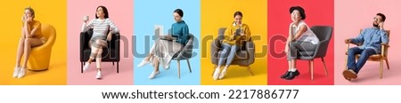 Collection of different people sitting in comfortable armchairs on color background Royalty-Free Stock Photo #2217886777