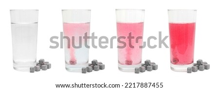 Collection of glasses with water and soluble tablets on white background