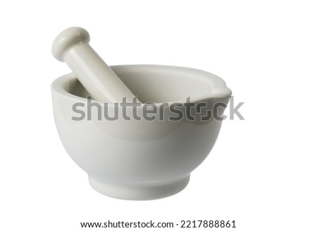 White porcelain mortar and pestle isolated on white background Royalty-Free Stock Photo #2217888861