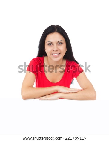 woman hold sale poster happy smile , show empty blank board copy space, attractive young girl red t shirt, isolated over white background