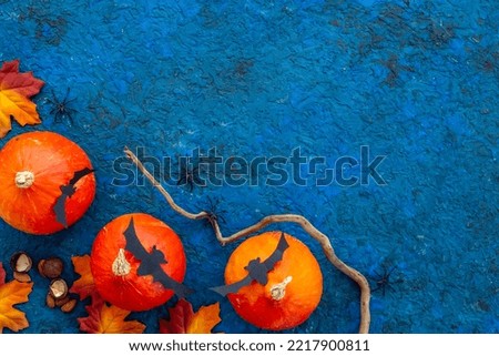 Orange pumpkins and dry leaves frame. Autumn fall background
