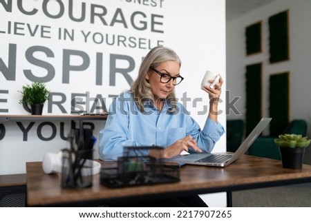 portrait of a successful female auditor at work in the office in front of a laptop. Accounting Bookkeeper Clerk mature Woman concept