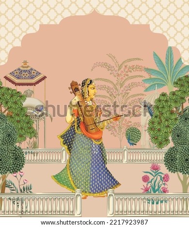 Mughal Queen playing musical instrument vector pattern for wallpaper Royalty-Free Stock Photo #2217923987