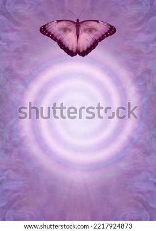 Spiritual Butterfleyes spiral message template - paranormal concept of magenta butterfly with human eyes peering out against an ethereal wispy purple lilac and white spiral background 