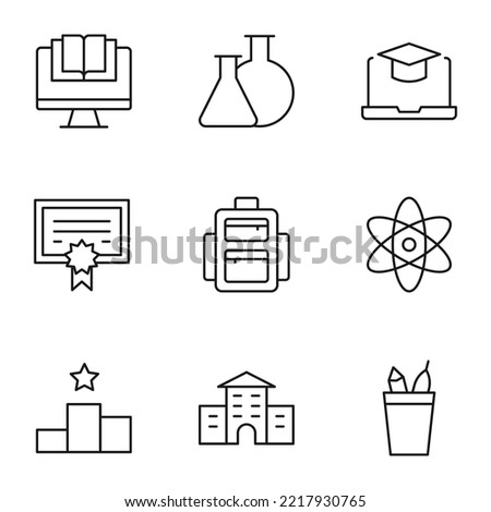 Collection of isolated vector line icons for web sites, adverts, articles, stores, shops. Editable strokes. Signs of books on computer, laboratory bulbs, academic square cap on laptop 