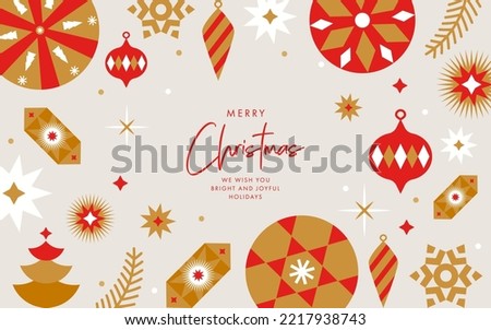 Merry Christmas and Happy New Year greeting card, poster, holiday cover. Modern Xmas design with geometric pattern in red, gold and white colors. Christmas tree, balls, stars, snowflakes and candies