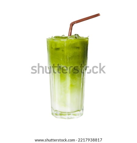 Iced of milk matcha green tea on glass isolated white background.	