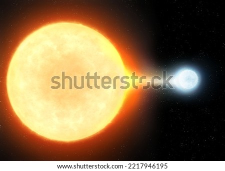 A star with powerful gravity absorbs the matter of another star. Double star system. The process of accretion of matter between two massive stars. Royalty-Free Stock Photo #2217946195
