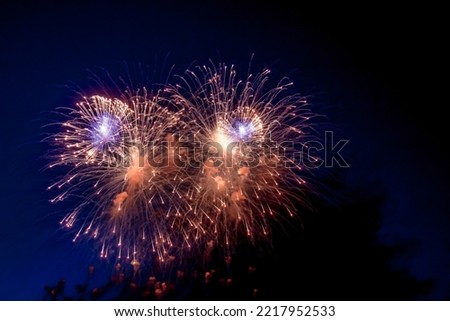 Amazing holiday colorful fireworks display on celebration, showing. Bright firework with sparks, colored stars and nebula on black night sky, comets. Festive wallpaper concept. Copy text space