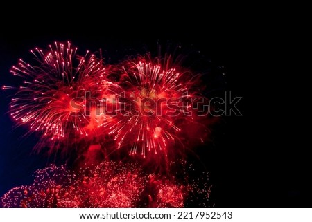 Festive wallpaper concept. Amazing holiday colorful fireworks display on celebration, showing. Bright firework with sparks, colored stars and nebula on black night sky, comets. Copy text space