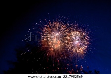 Bright firework with sparks, colored stars and bright nebula on black night sky, comets. Festive concept. Amazing holiday colorful fireworks display on celebration, showing. Copy text space