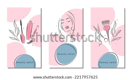 Set of design for Beauty salon for social media posts and stories, mobile apps. Eyelash extension, makeup, hairdressing. Vector illustrations