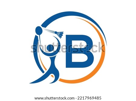 Letter B Badminton Logo Concept With Moving Badminton Icon. Badminton Sports Logotype Symbol Vector Template.