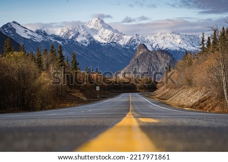 View of Lion's Head mountain from the Glenn Highway in Alaska during the Fall.  Royalty-Free Stock Photo #2217971861