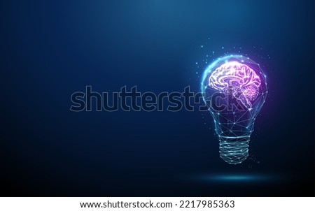 Abstract blue glowing light bulb with violet brains inside. Low poly style design. Abstract geometric background. Wireframe light connection structure. Modern 3d graphic concept. Vector illustration.