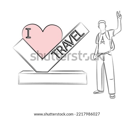 I Love Travel. Editable template about loving anything. Concept of traveling around world without limits. To be photographed against background of sights. Share your journey on social media. Line art