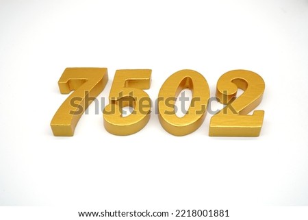    Number 7502 is made of gold-painted teak, 1 centimeter thick, placed on a white background to visualize it in 3D.                                