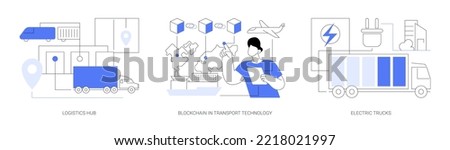 Global logistics center abstract concept vector illustration set. Logistics hub, blockchain in transport technology, electric trucks, commercial warehouse, automated freight track abstract metaphor. Royalty-Free Stock Photo #2218021997