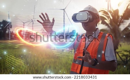 Infinity symbol eco environmental technology, engineer virtual reality vr simulator connectivity unlimited data energy storage limitless electricity, infinite illustration wind turbine background