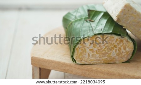 Raw tempe or tempe indonesian traditional food made from fermented soybeans, on unfinished gray table in selective focus