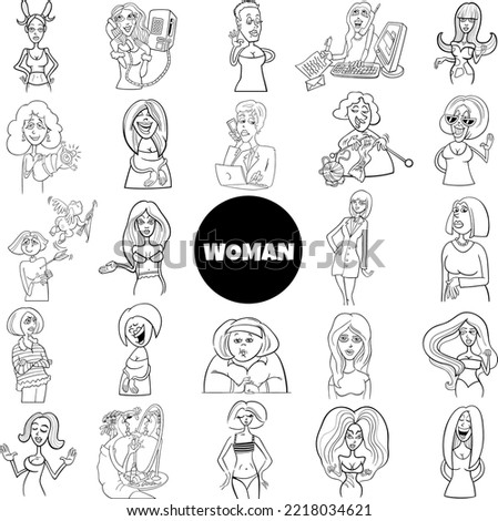 Black and white cartoon illustration of women and girls characters big set