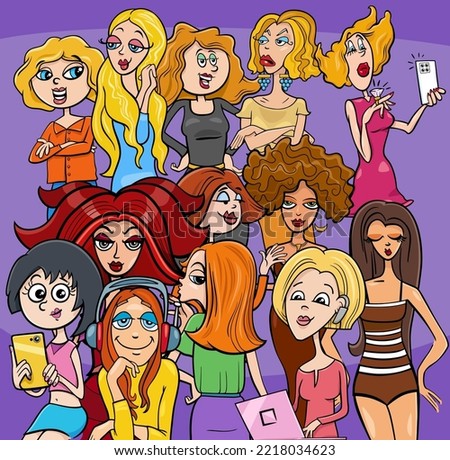 Cartoon illustration of young trendy women comic characters group