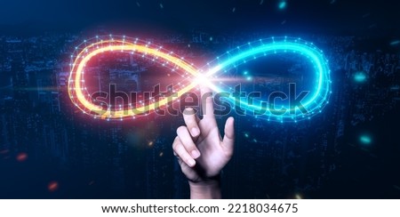 Businessman pointing infinity symbol connection dots data technology, cyber space future unlimited infinite power energy internet information limitless usage, vector illustration blue city background