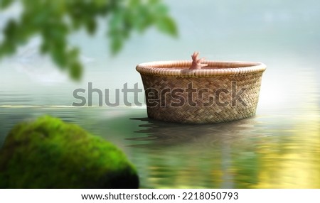 Baby child Moses in a basket floating on a river. Biblical theme concept. Royalty-Free Stock Photo #2218050793