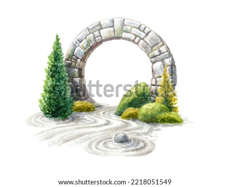 watercolor clip art, zen garden design elements, stone gate round arch and green trees. Spiritual nature landscape, isolated on white background