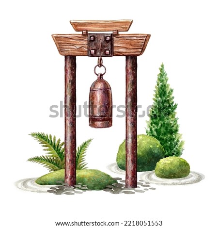 watercolor clip art. Traditional oriental bell gong with green grass and fir tree. Spiritual zen garden decor, isolated on white background