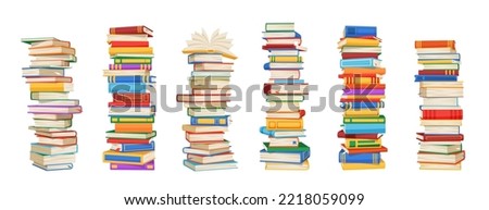 High book stacks and piles of vector books, school textbooks and bestsellers, dictionaries and encyclopedias, library or bookstore literature. Isolated stacks of cartoon books, knowledge, education Royalty-Free Stock Photo #2218059099