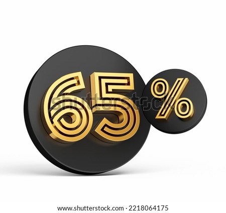 Royal Gold Modern Font. Elite 3D Digit Letter 65% Sixty Five percent on Black 3d button icon 3d Illustration