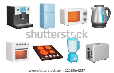 Kitchen appliances 3d icon set. Cooking. Food preparation. Domestic electronics. Fridge, microwave, kettle, oven, hob, blender, toaster. Isolated icons, objects on a transparent background Royalty-Free Stock Photo #2218064237